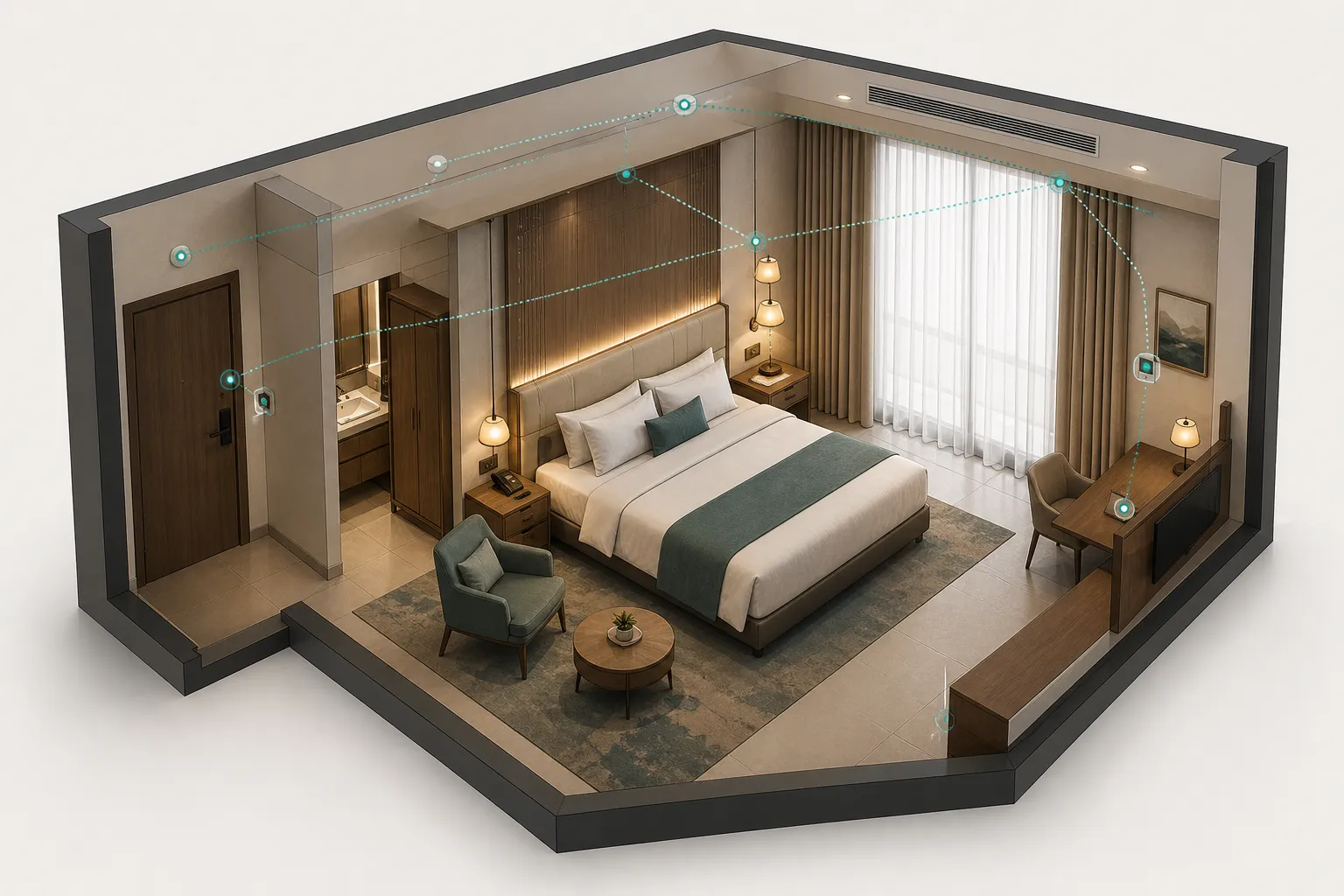 Conceptual cutaway of a hotel room showing coordinated lighting, presence, climate, curtain and guest-control zones