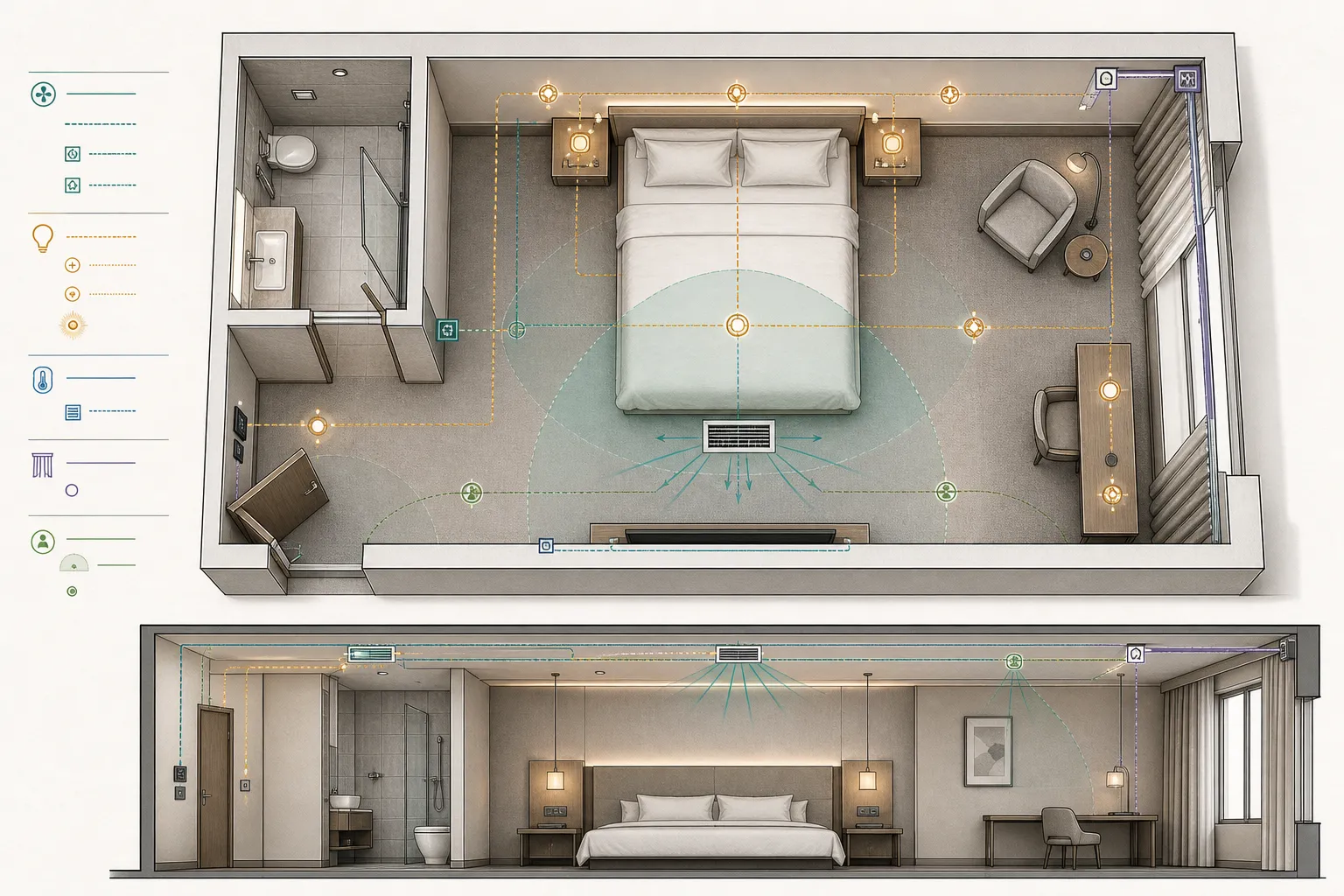 Conceptual hotel sample-room plan coordinating lighting, sensing, HVAC and curtain control zones