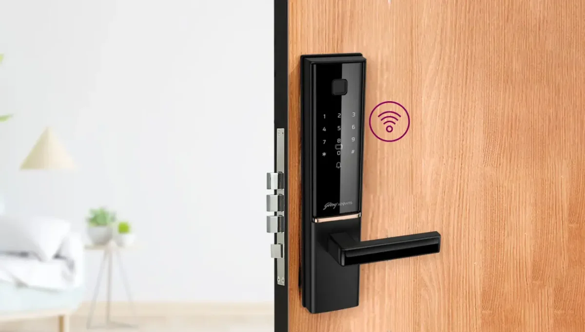 Godrej Advantis digital lock mounted on a wooden door