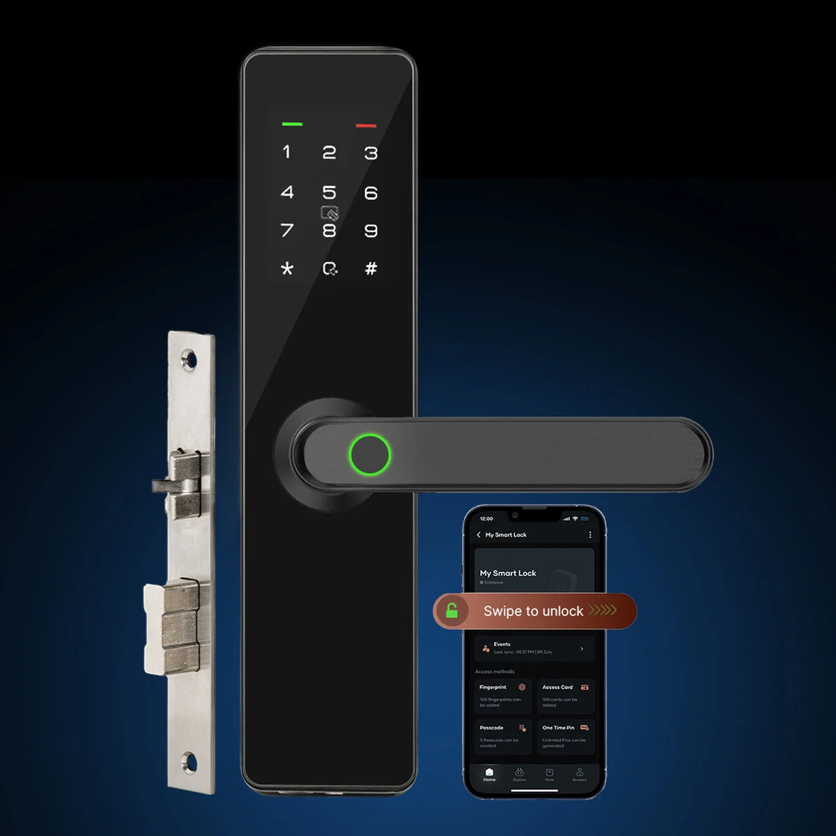 Qubo Essential Black smart lock with fingerprint handle and app illustration
