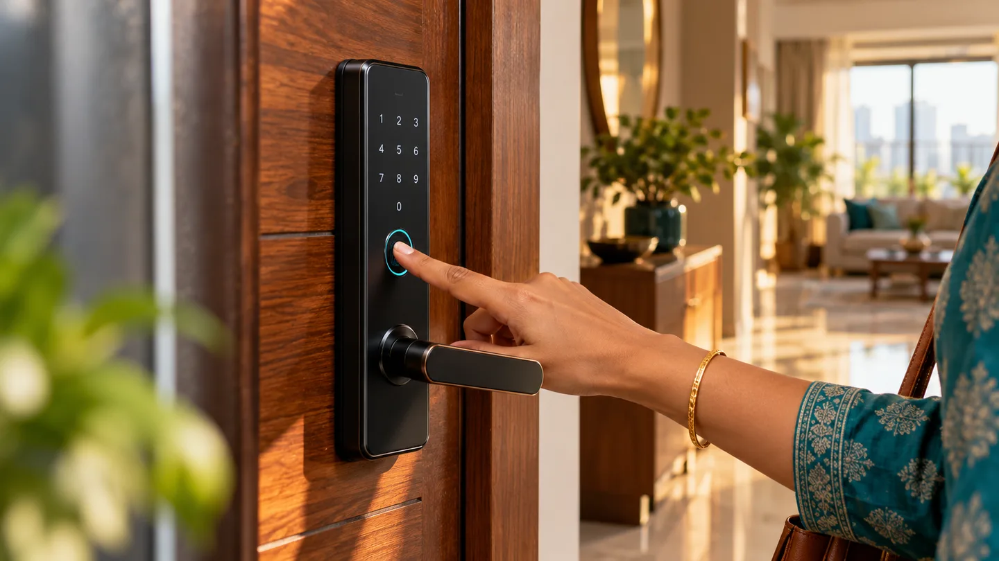Hand using a fingerprint reader on a black smart lock fitted to a wooden apartment door