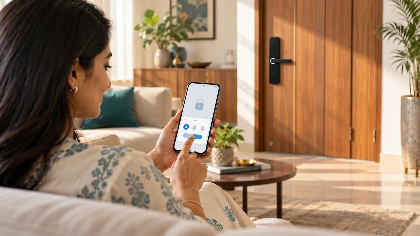 Homeowner holding a smartphone with a generic smart lock access interface in a bright living room