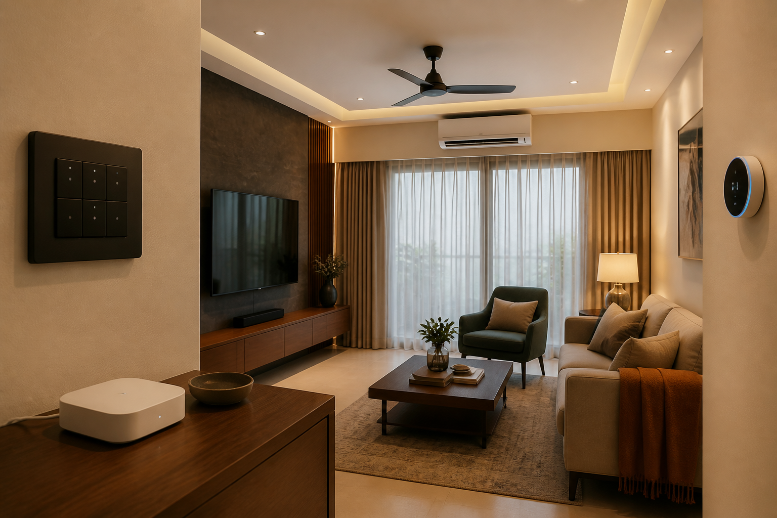 Indian home floor plan surrounded by smart switches, sensors and a home automation budget sheet