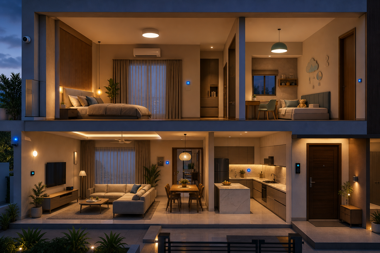 Indian apartment floor plan with room-by-room smart lighting, climate and security costs
