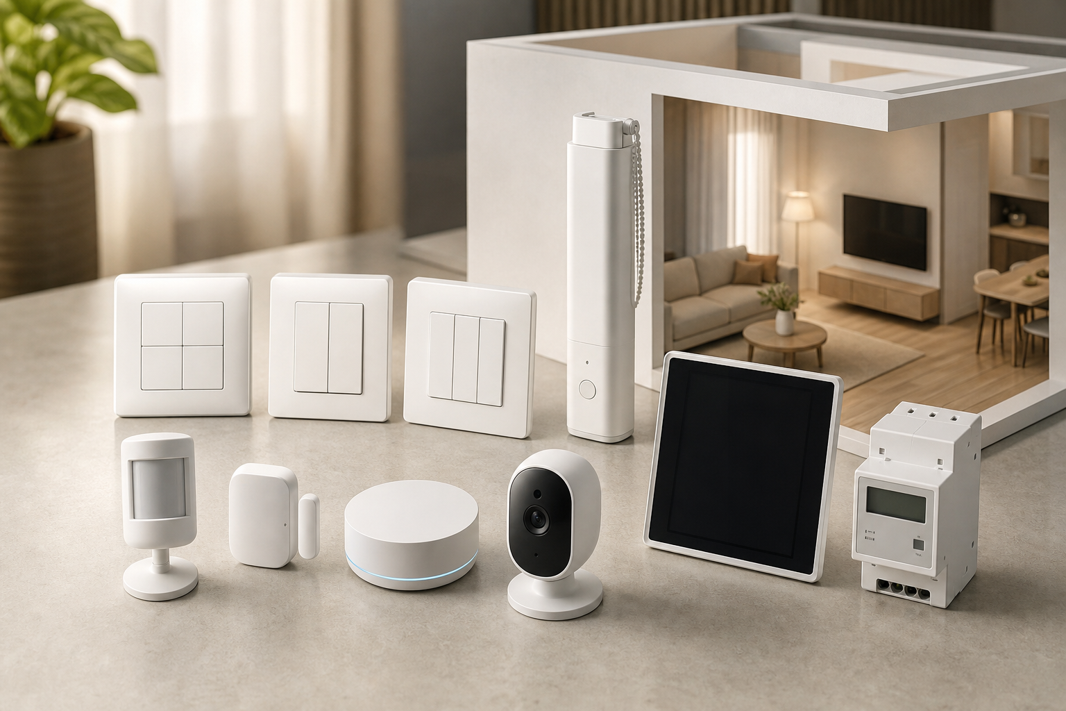 Smart switches, sensors, locks, curtain motors and hubs grouped as home automation building blocks