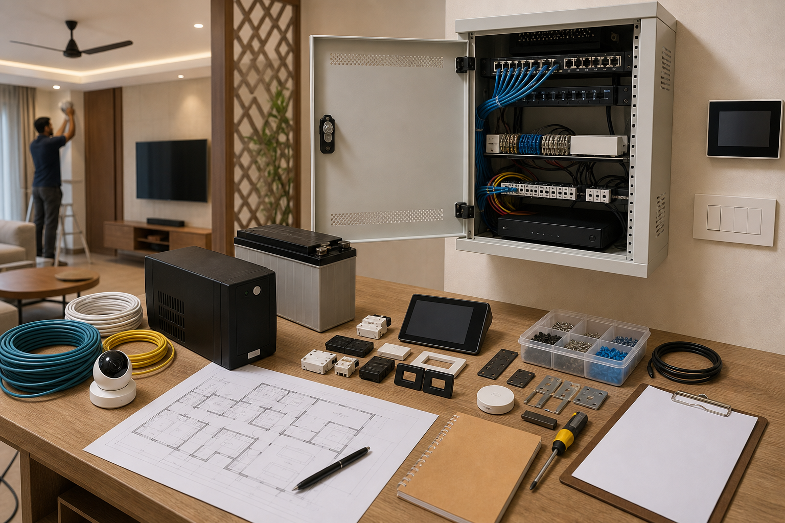 Home automation quote showing networking, backup power, installation, batteries and support line items