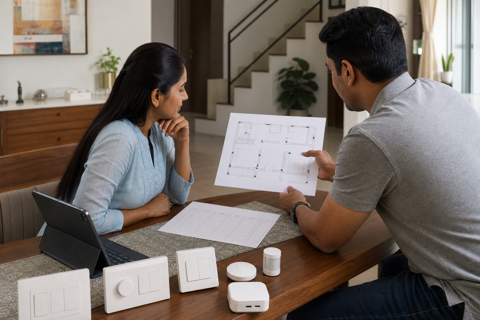 Homeowner comparing phased smart home installation payments and a project budget
