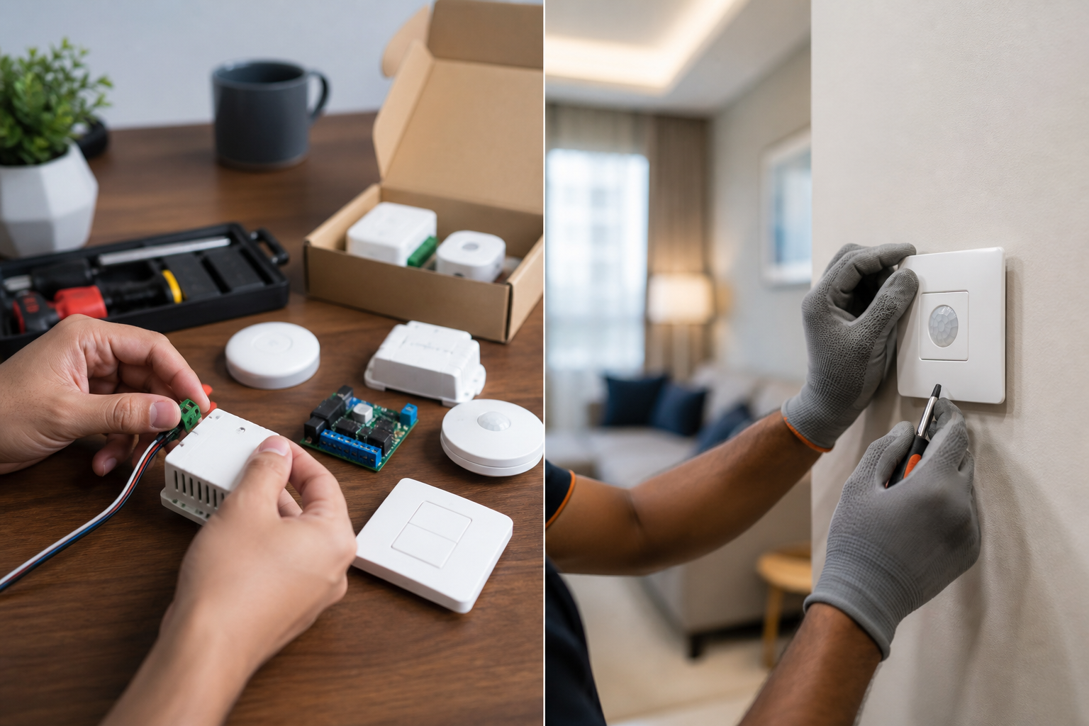 Homeowner comparing a DIY smart device kit with a professional smart home installation plan