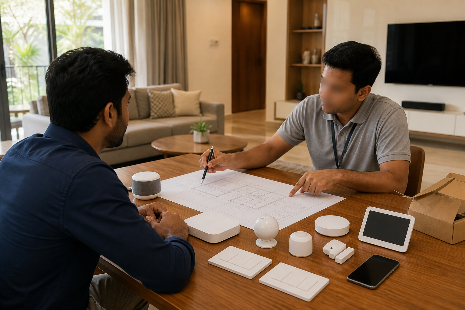 Indian homeowner discussing smart home budget, wireless reliability and future expansion with an installer