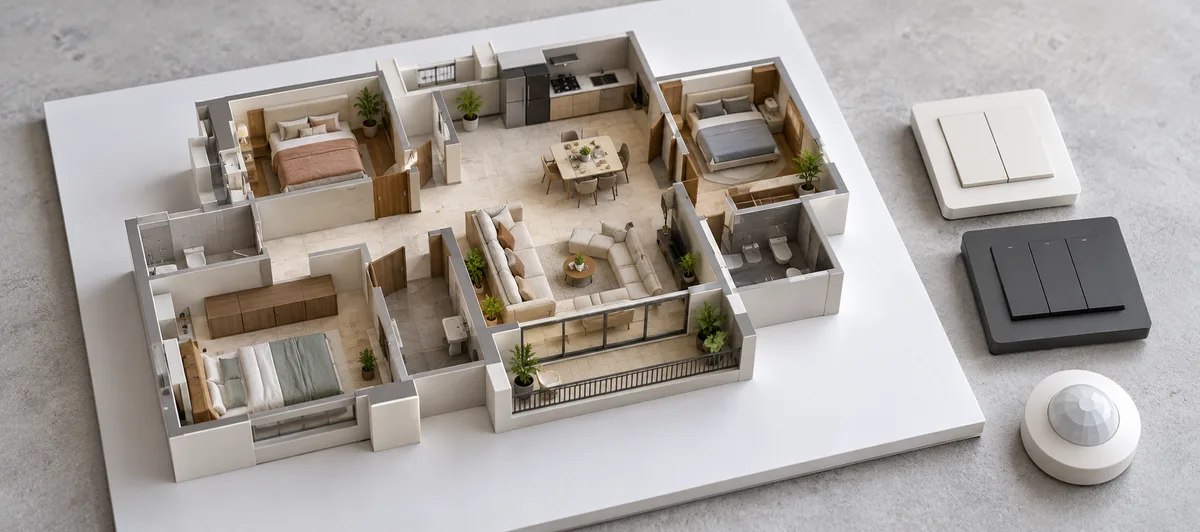 Physical apartment scale model on a planning board with compact smart-home components nearby