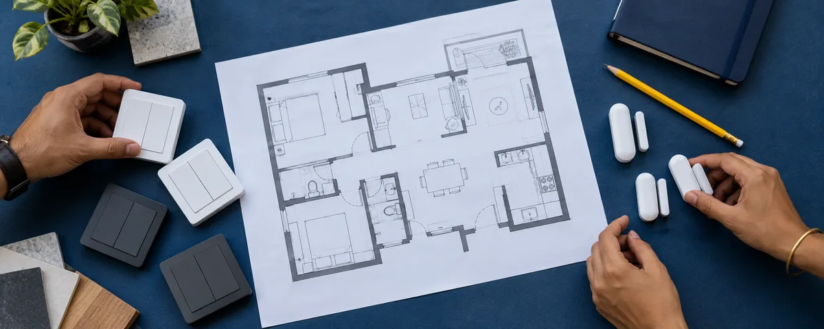 Hands counting switch samples and sensors beside an unlabelled apartment plan on a blue drafting mat