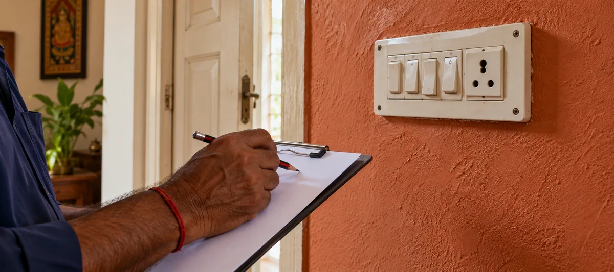 Installer’s hand marking an existing switch location on a clipboard in an older apartment