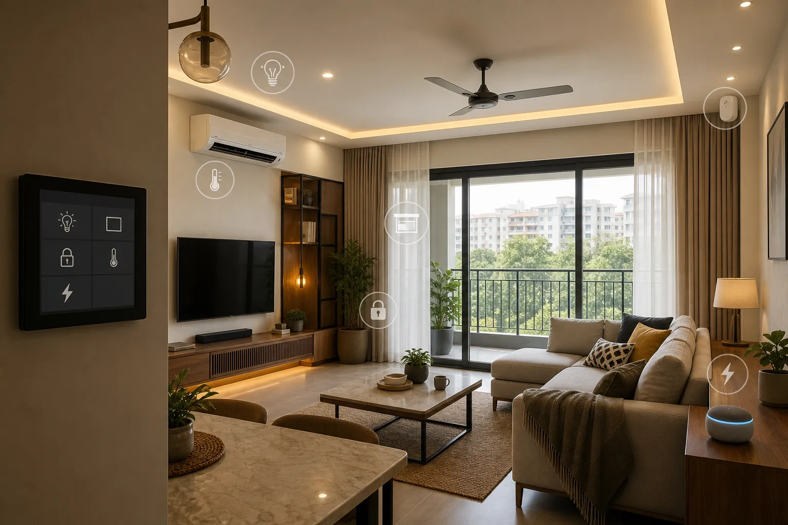 Bangalore home showing smart lighting, security, climate control and motorised curtains