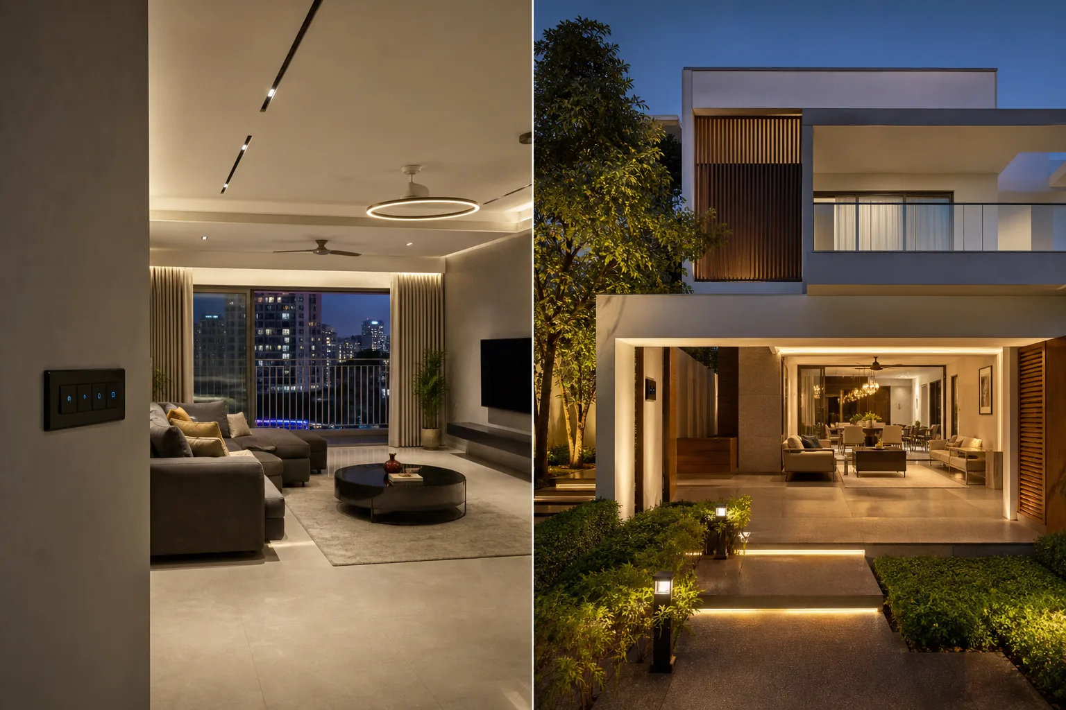Split view of a Bangalore high-rise apartment and an independent villa with different automation zones