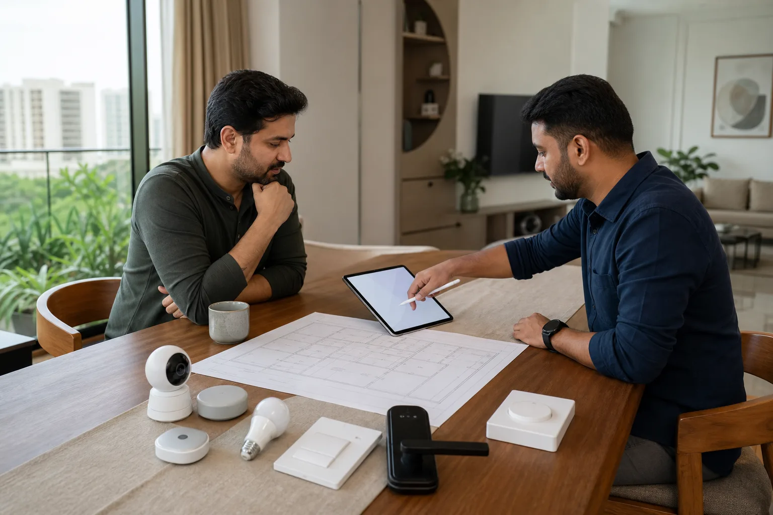 Homeowner reviewing a Bangalore smart home floor plan with switches, sensors and a cost estimate