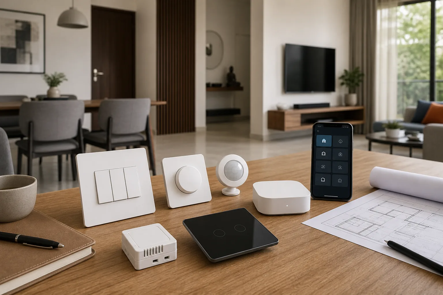 Selection of smart home switches, sensors and hubs on a Bangalore project planning desk
