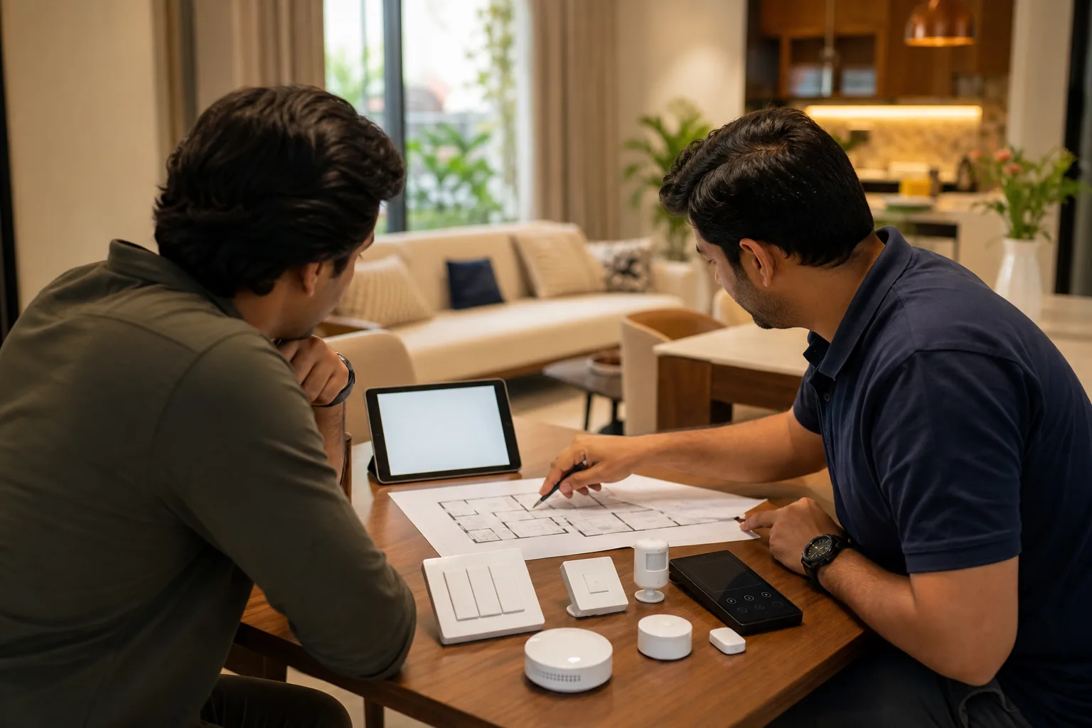 Bangalore homeowner and installer reviewing a room plan, device list and support proposal