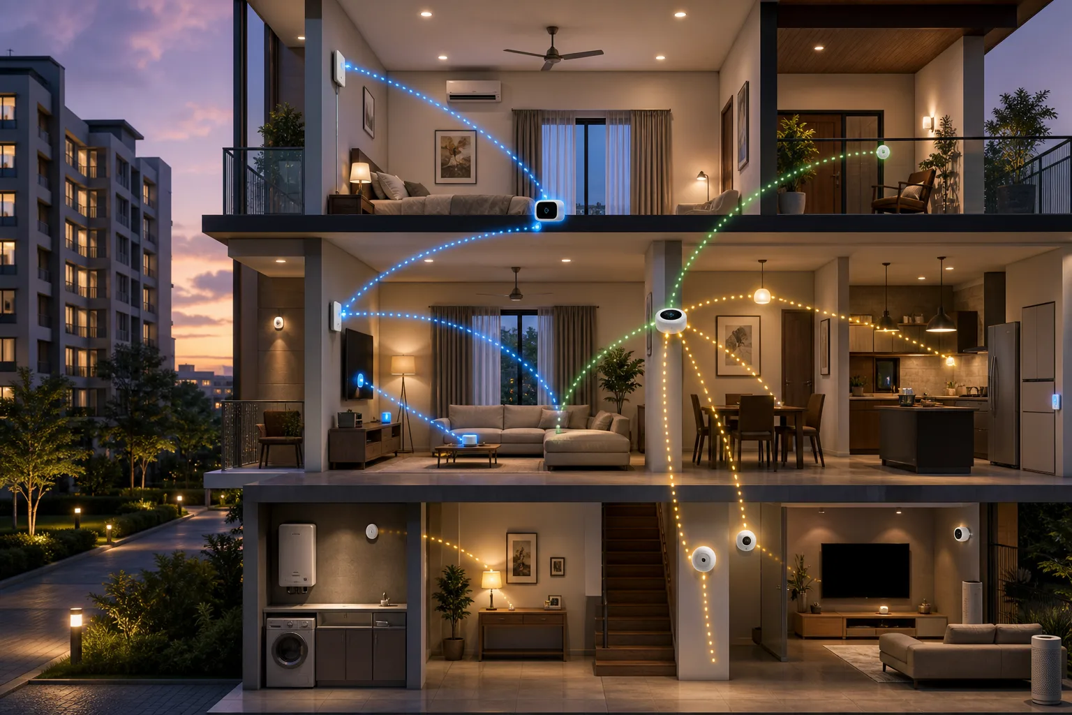 Bangalore home wireless network linking Wi-Fi cameras, Zigbee sensors, Thread devices and a central hub
