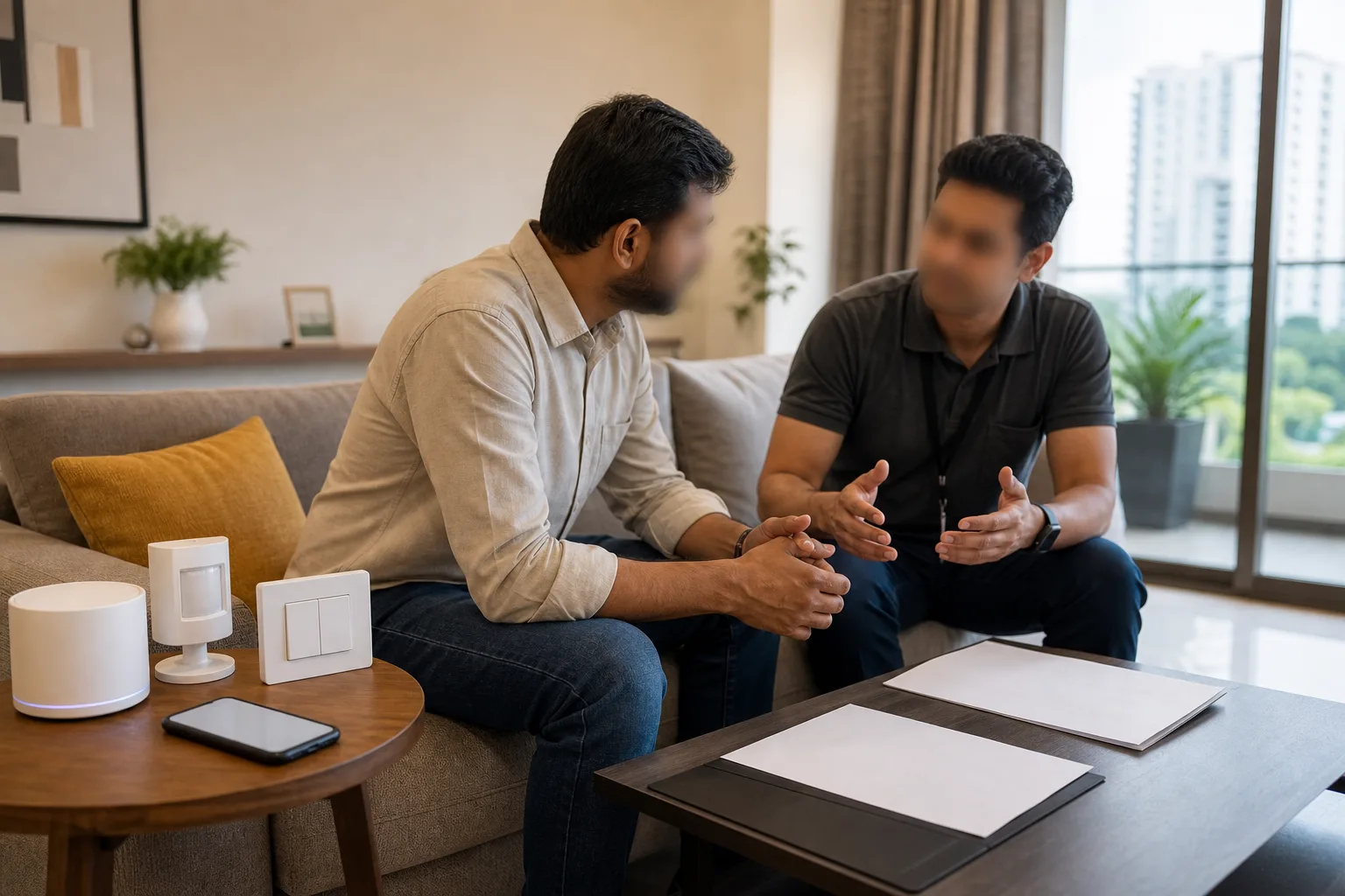 Bangalore homeowner asking practical questions about smart home installation, costs and reliability