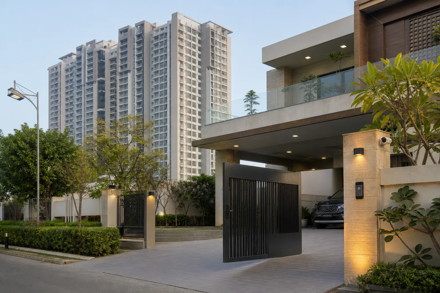 Delhi NCR apartment towers and independent homes connected by a smart home planning overlay