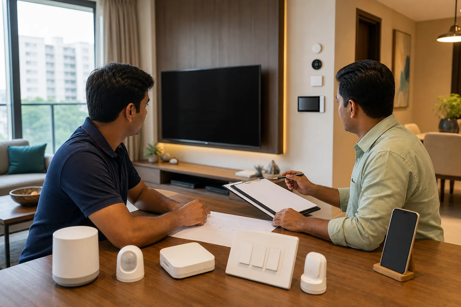Delhi NCR homeowner discussing smart home questions about internet, power cuts and maintenance