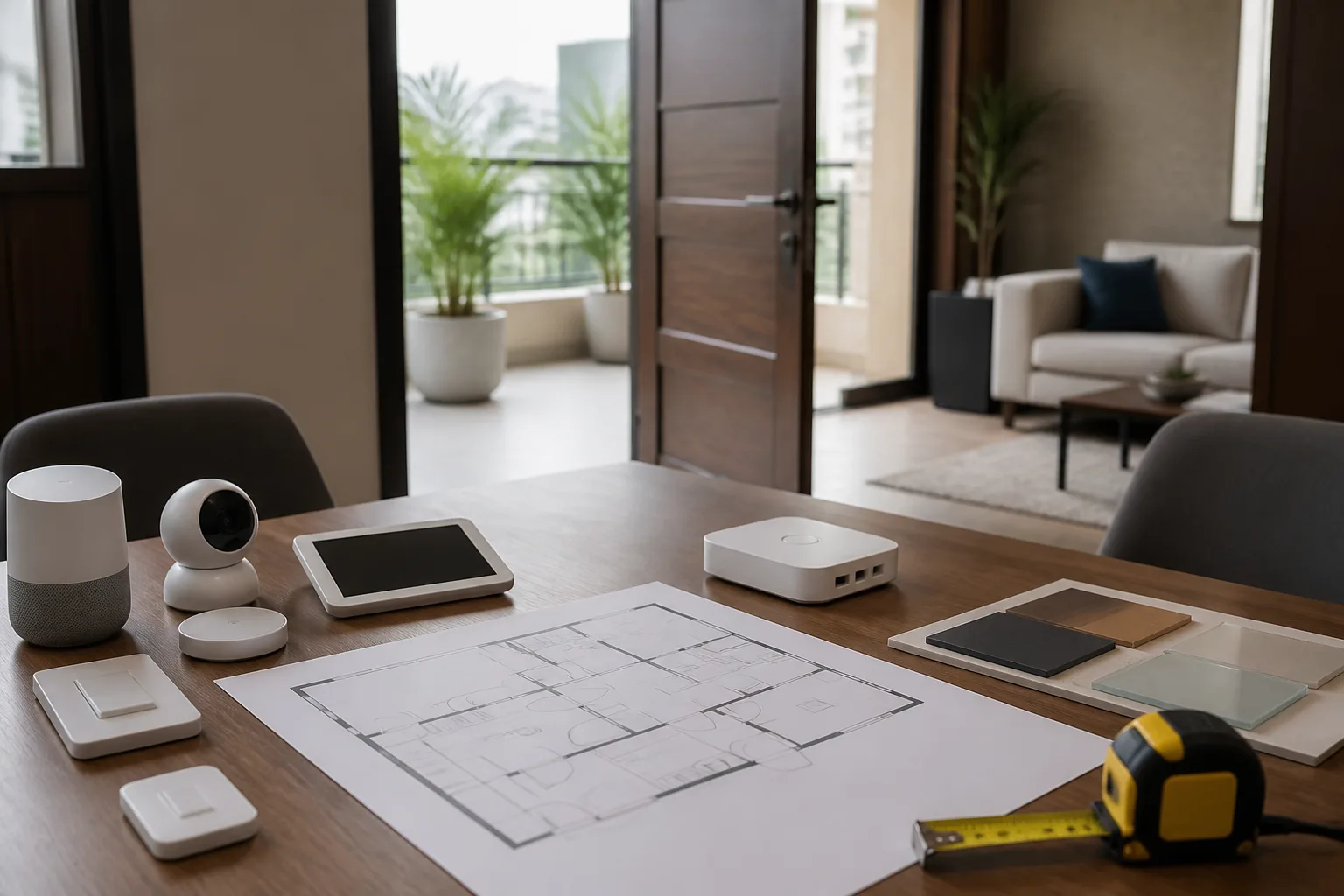 Delhi NCR homeowner beginning a smart home consultation with a room plan and device list
