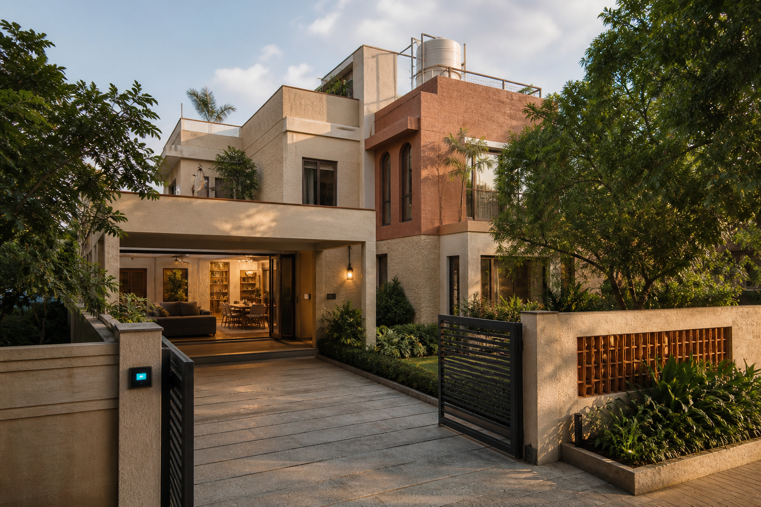 Modern Hyderabad villa plot with compound gate, garden, rooftop tank and multiple floors