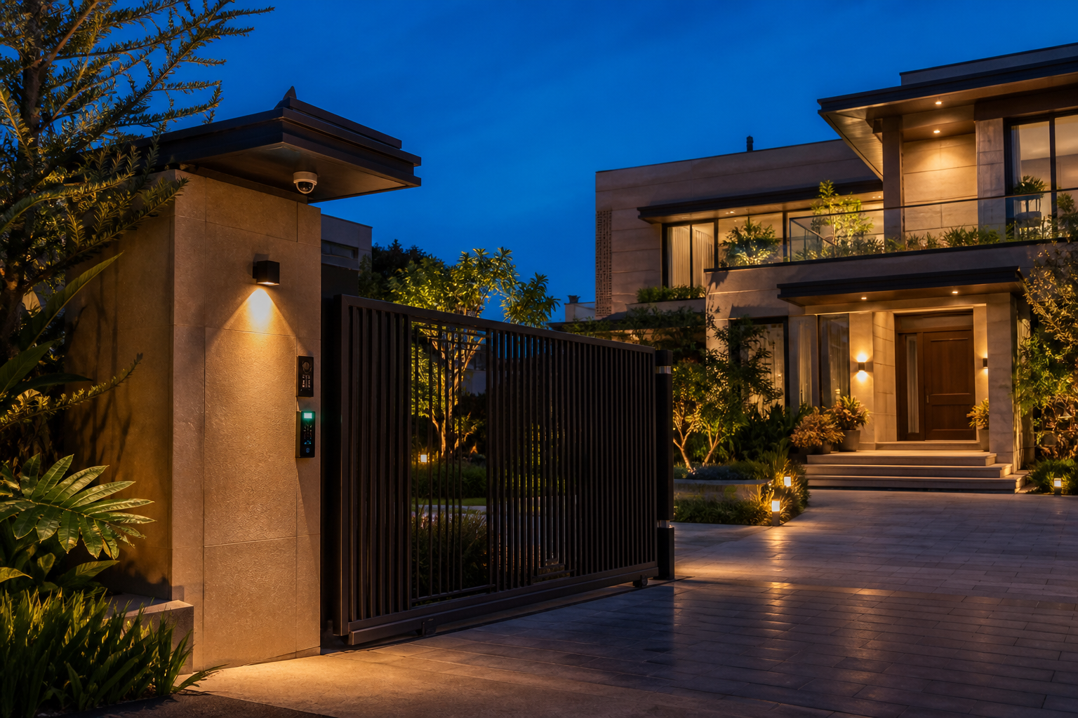 Hyderabad villa entrance with automated gate, video intercom, camera and pathway lights