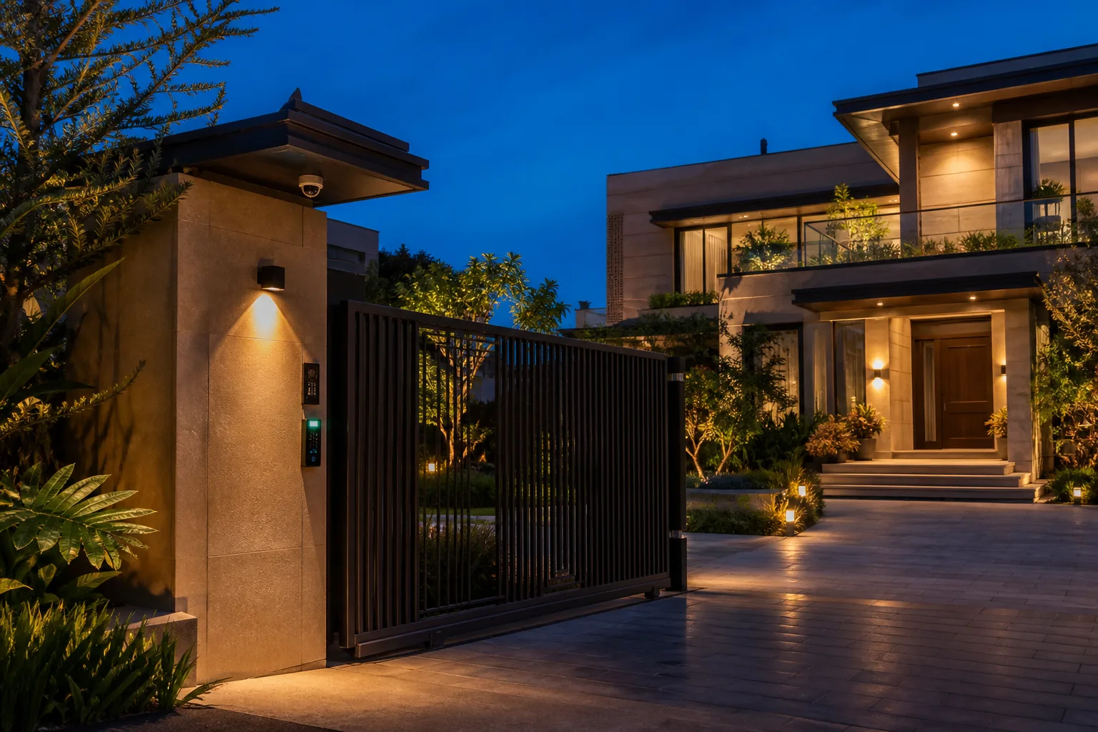 Hyderabad villa entrance with automated gate, video intercom, camera and pathway lights