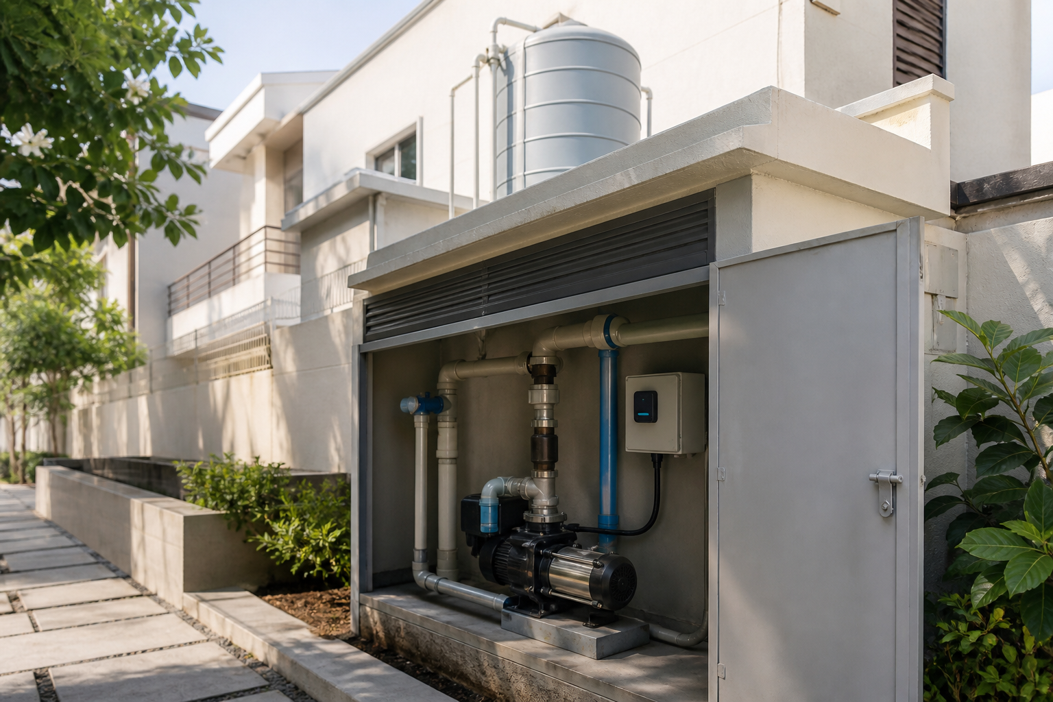 Villa water pump and smart controller beneath an overhead tank in Hyderabad