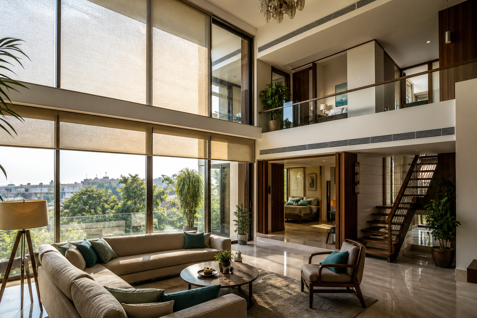 Multi-floor Hyderabad villa interior with motorised blinds and zoned cooling