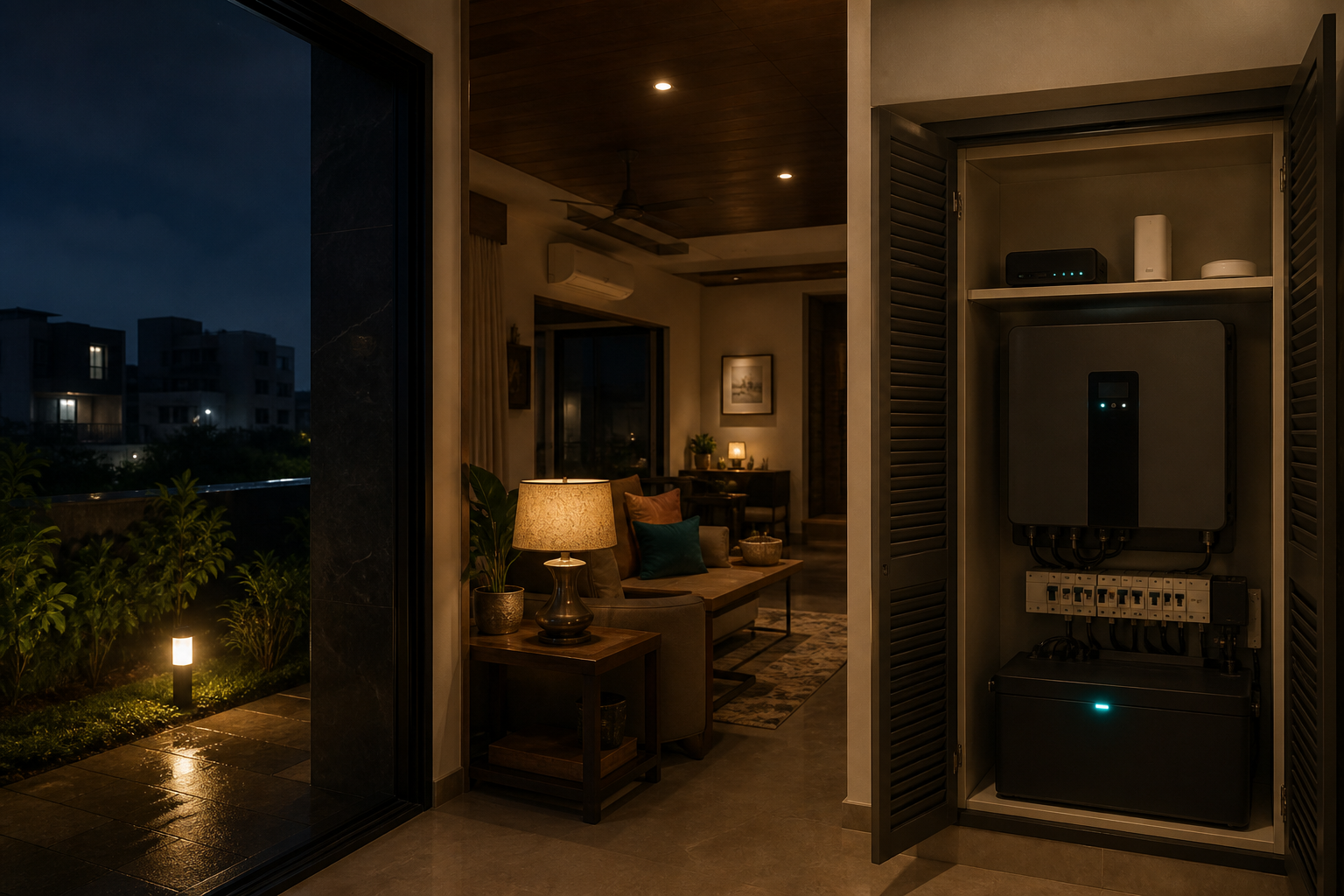 Villa living room and backup power cabinet keeping smart-home systems active during an outage
