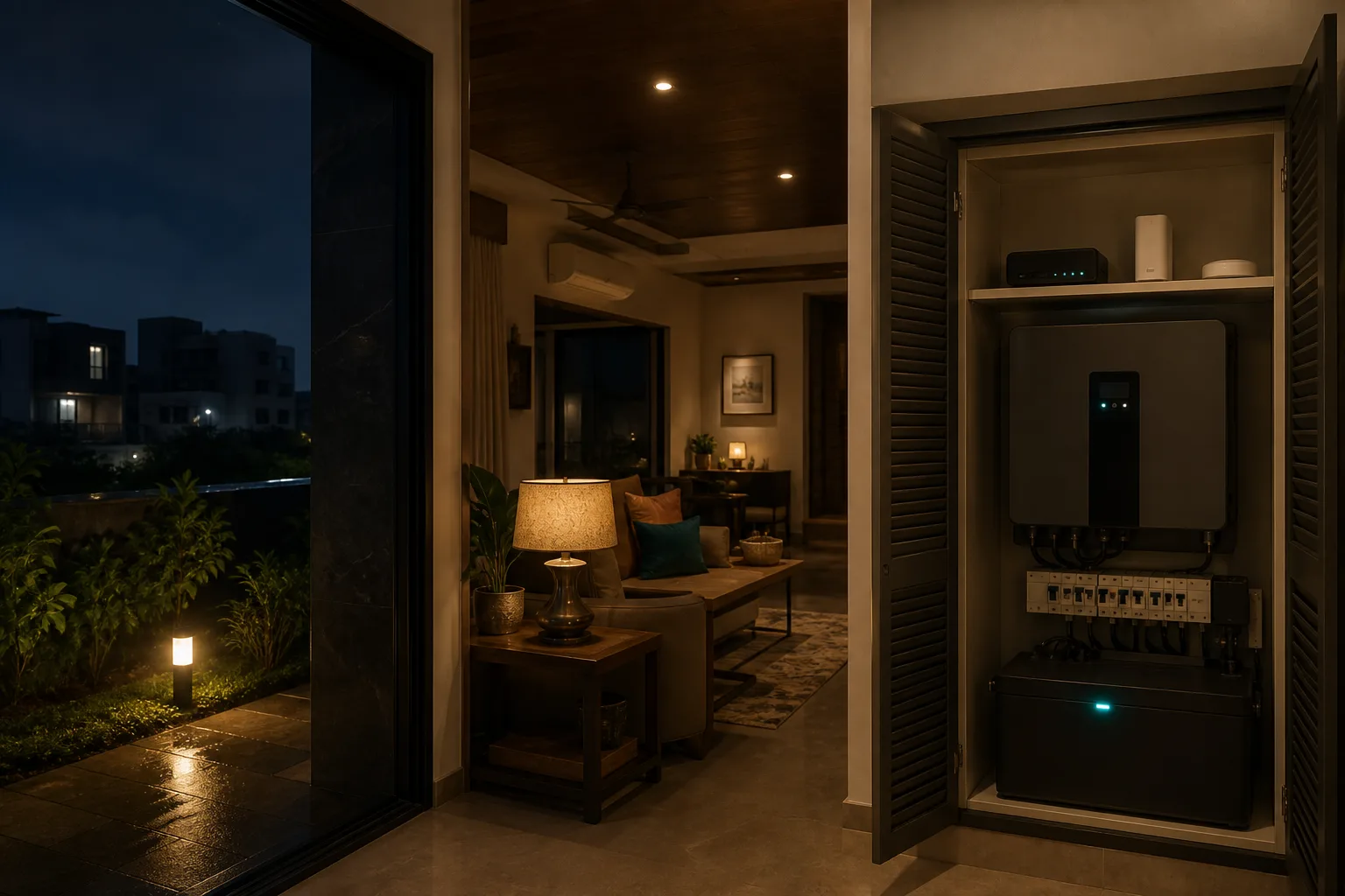 Villa living room and backup power cabinet keeping smart-home systems active during an outage
