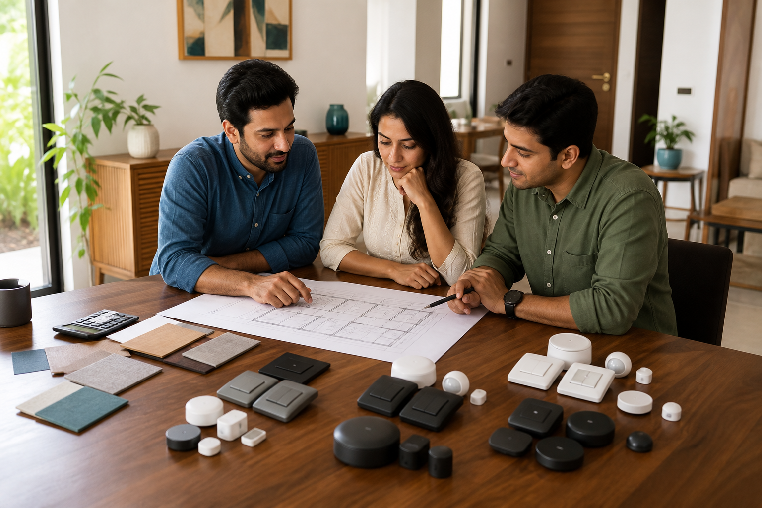 Homeowner and installer comparing a Hyderabad floor plan, smart devices and material samples