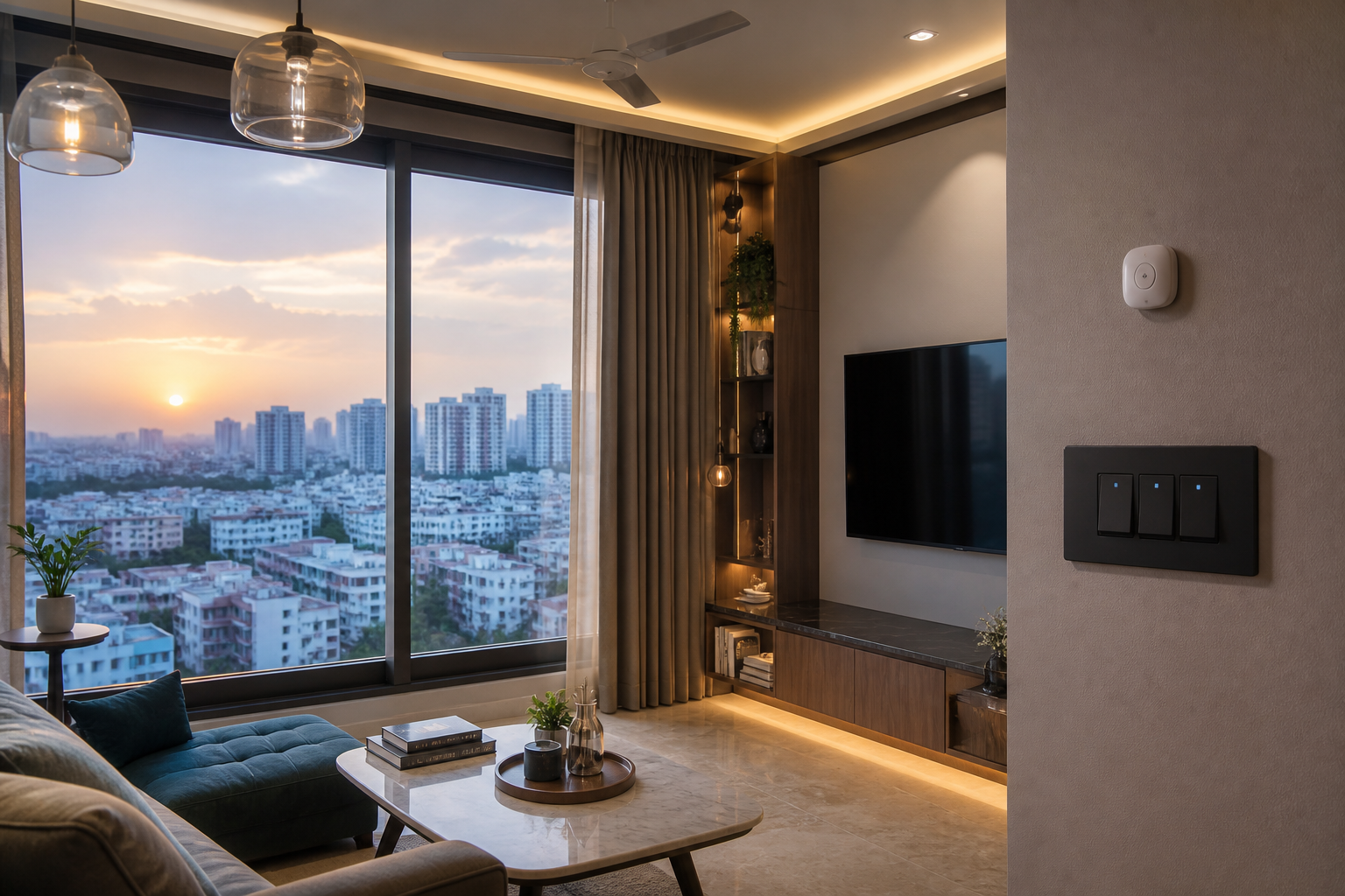 High-rise Hyderabad apartment living room with smart switches, sensor and automated curtains