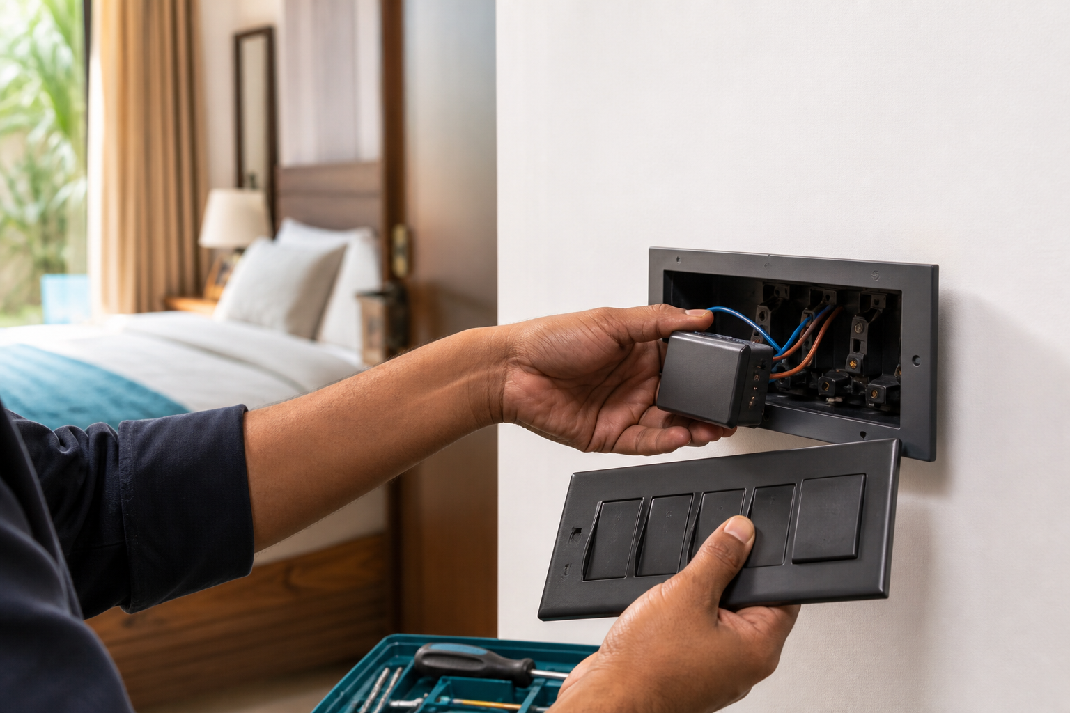 Technician fitting a compact smart relay behind an existing Indian switchboard