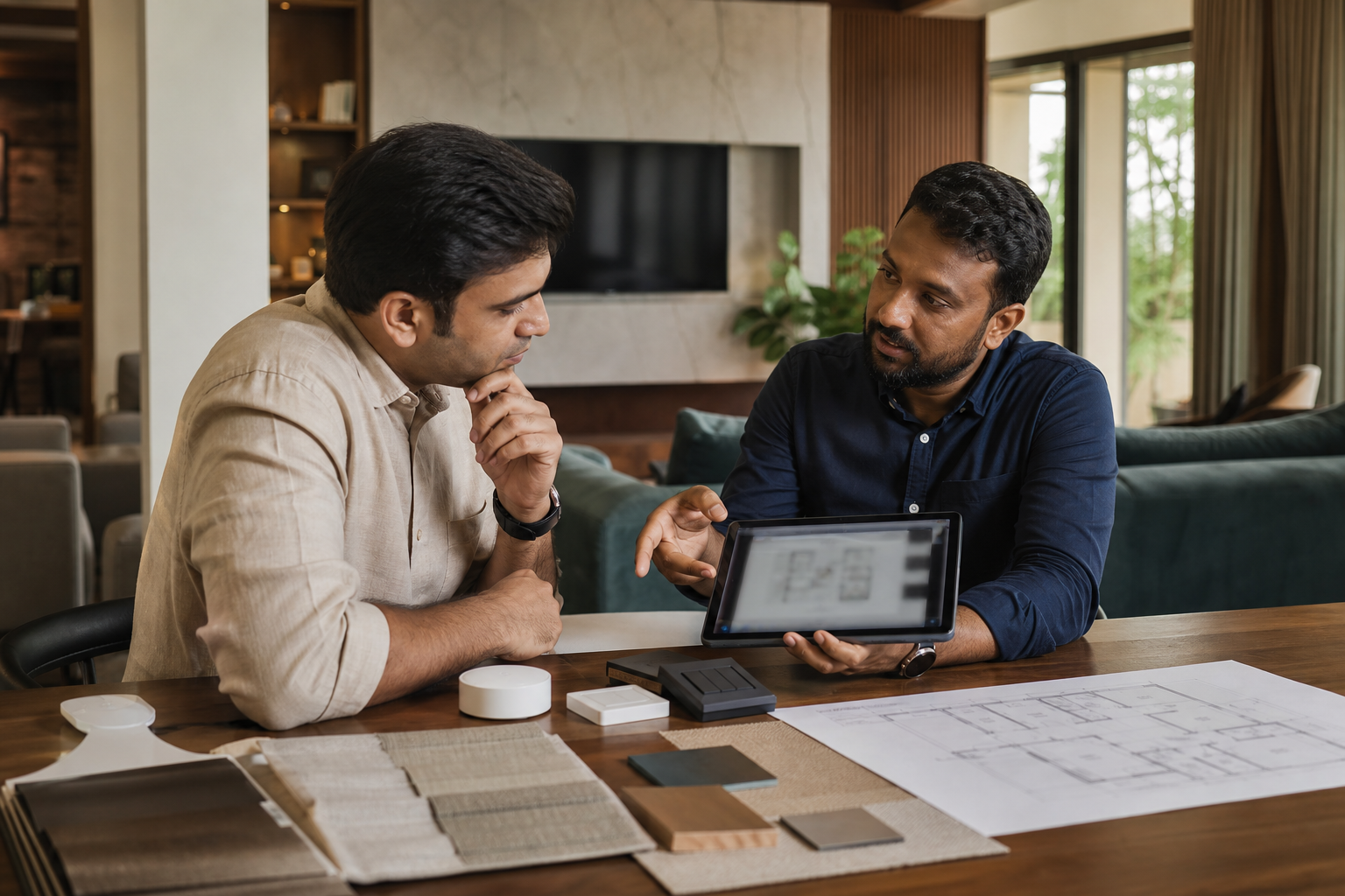 Hyderabad homeowner reviewing a villa automation plan with a local installer