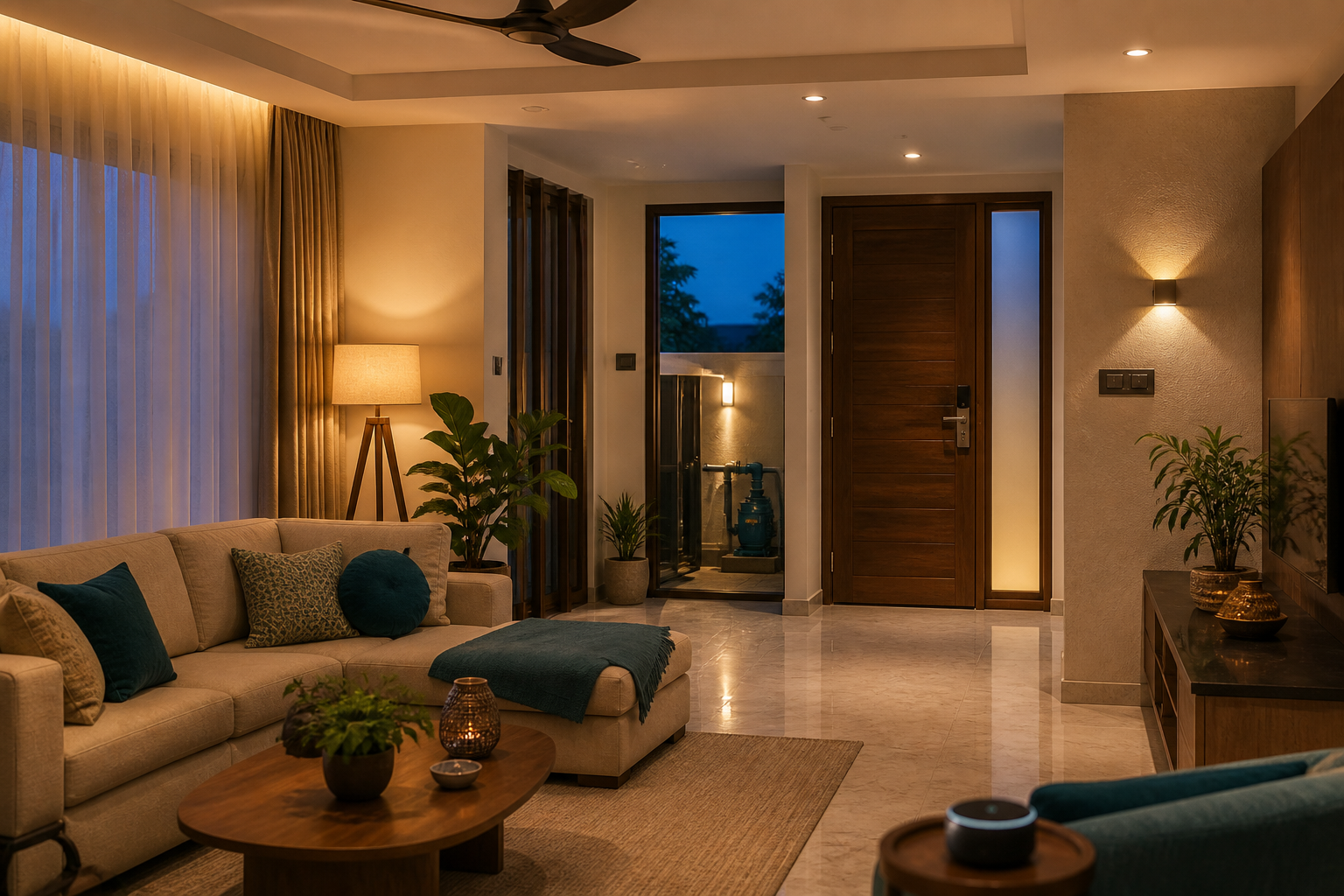 Warm Hyderabad villa interior showing practical smart lighting, entry and water systems