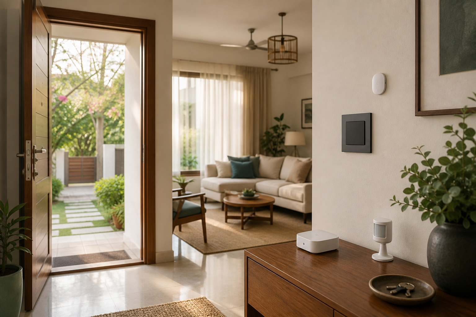 Welcoming Hyderabad home entryway with a smart switch, motion sensor and compact hub