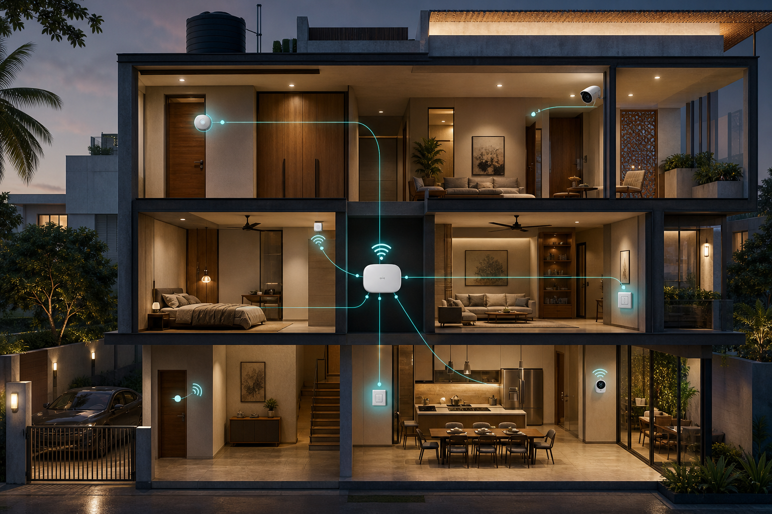 Hyderabad smart home wireless network with Zigbee sensors, Wi-Fi devices and a central hub