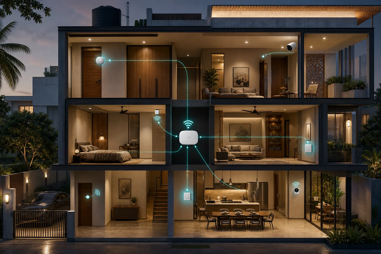 Hyderabad smart home wireless network with Zigbee sensors, Wi-Fi devices and a central hub