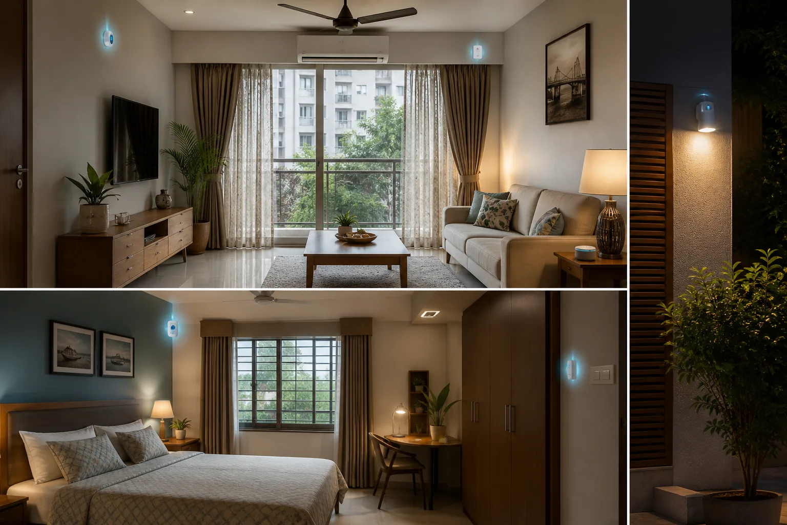 Kolkata home with smart lighting, climate control, security sensors and automated curtains
