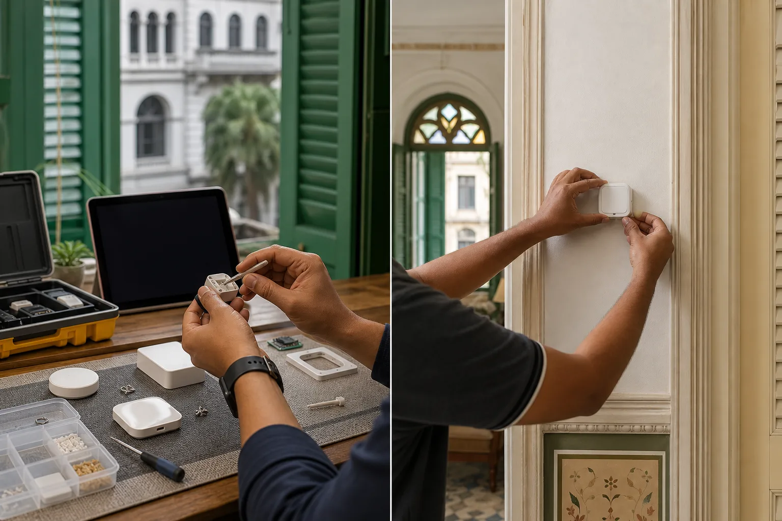 Kolkata homeowner comparing a wireless smart sensor kit with a professional retrofit installation plan