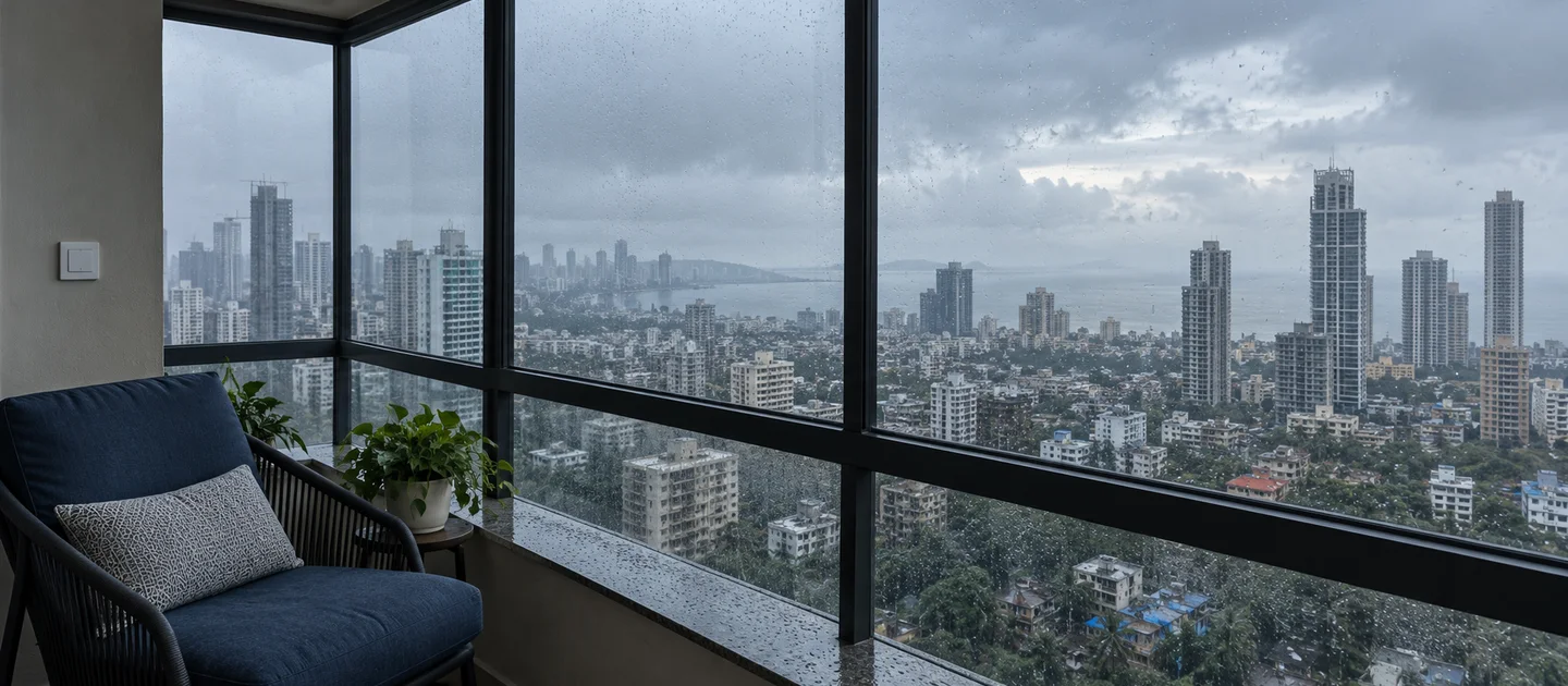 Compact Mumbai apartment overlooking dense high-rise buildings and a rainy monsoon skyline