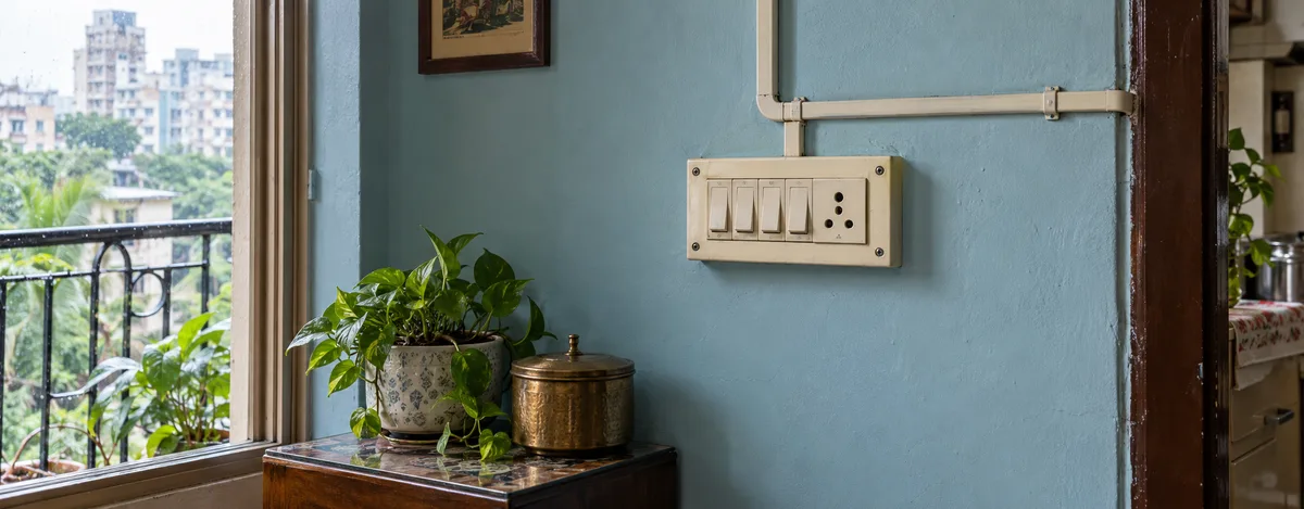 Older Mumbai apartment switchboard and conduit beside a terrazzo floor and blue-painted wall