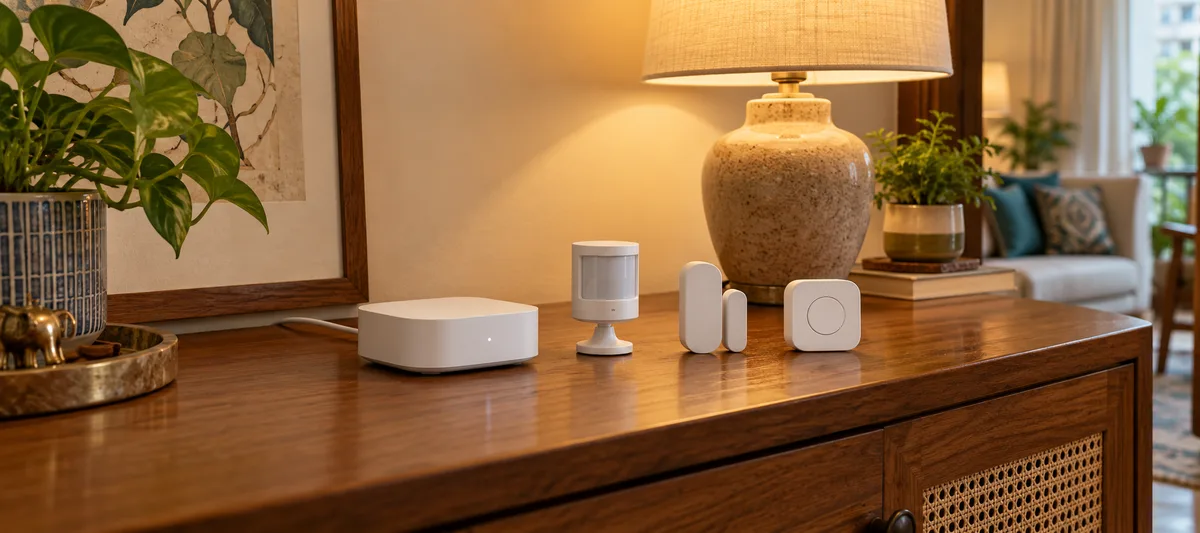 Small hub, motion sensor, door contact and wireless button on an Indian apartment sideboard