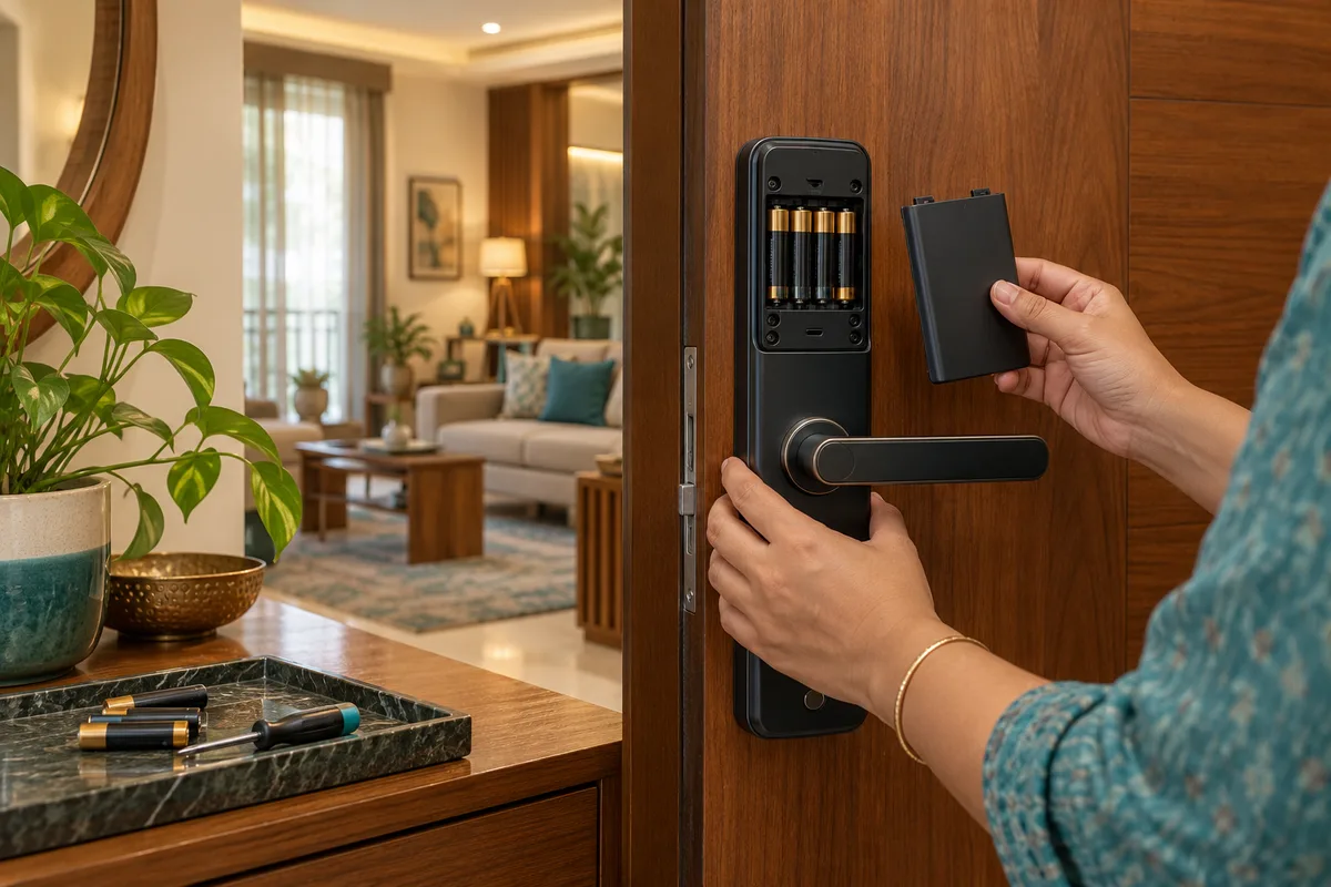 Digital lock interior battery compartment and spare batteries beside installation hardware