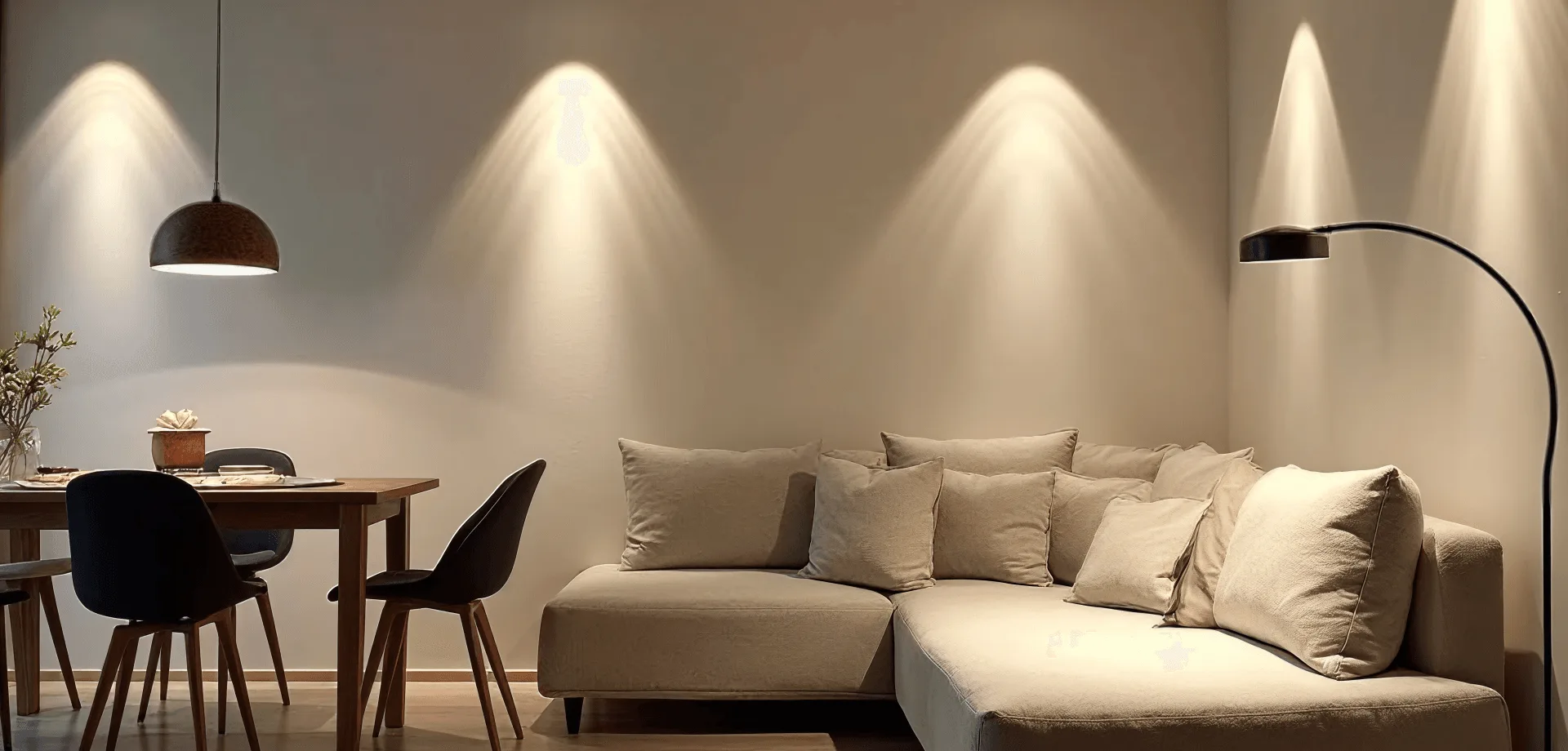 SmartNode DALI-controlled architectural lighting in a living and dining room