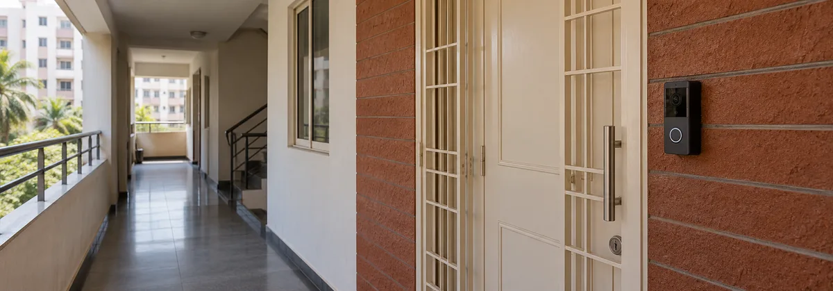 Video doorbell on an Indian apartment’s brick-red entry wall beside a metal security door