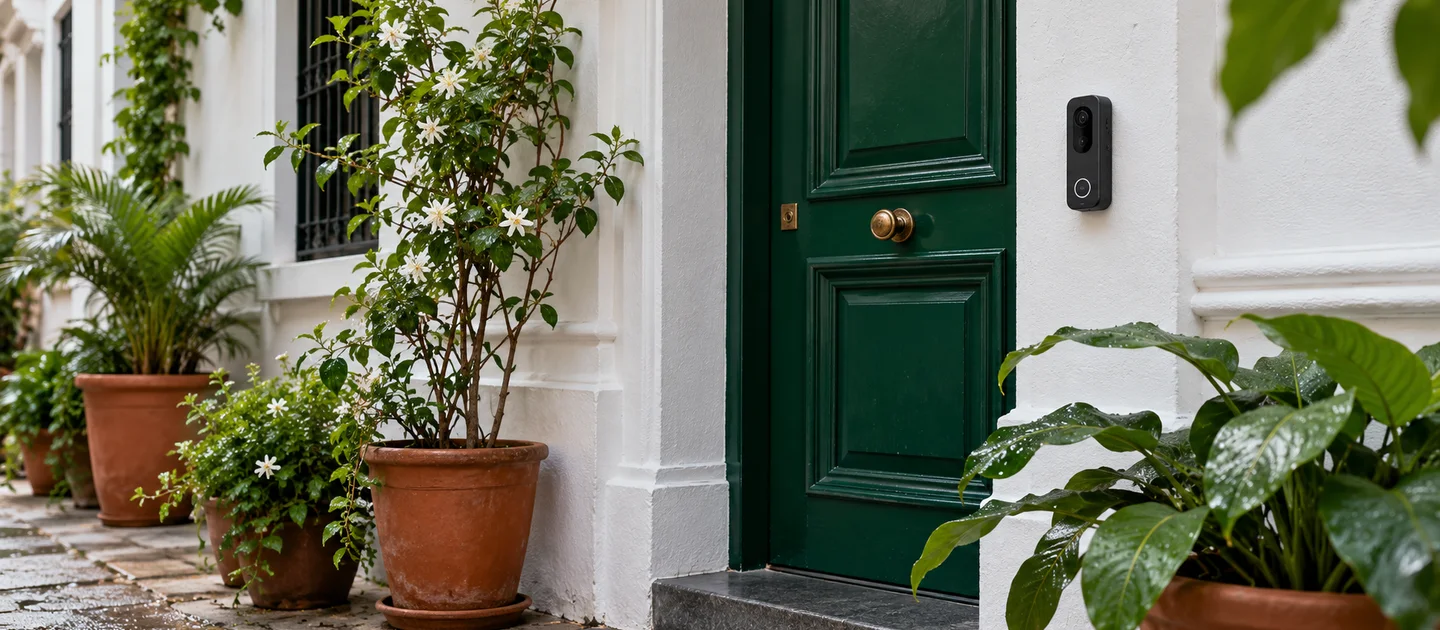 Video doorbell beside a deep green entrance door in a white-plastered Indian row house